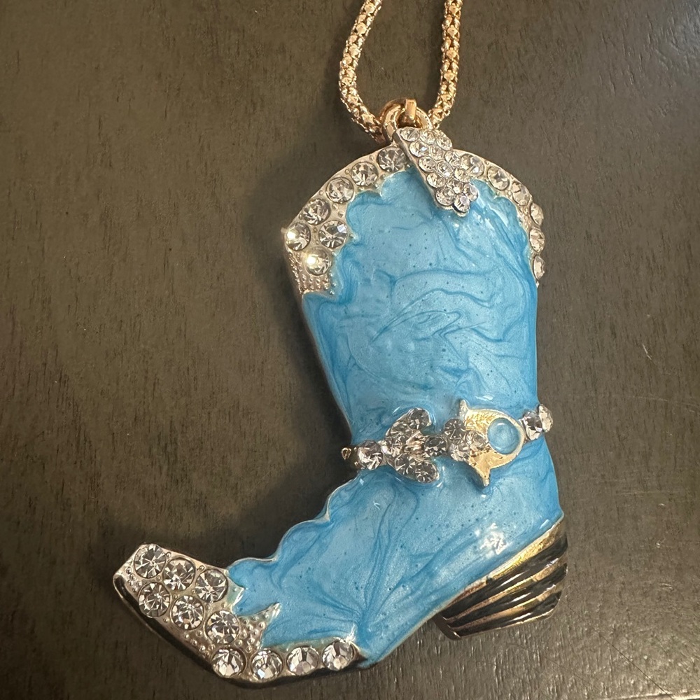 Betsey Johnson Blue Enamel Cowboy Boot Necklace Gold Tone Chain - Picture 2 of 5